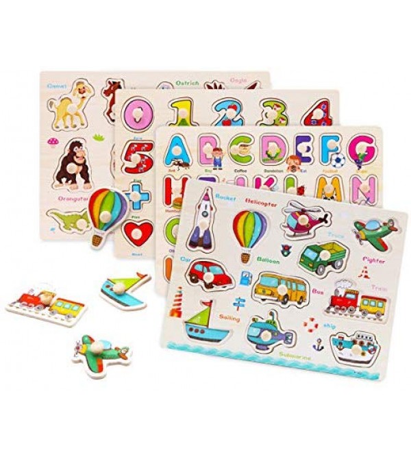 Wooden Peg Puzzles for Toddlers 1 2 3 Years Old, Alphabet & Number Puzzles for Kids
